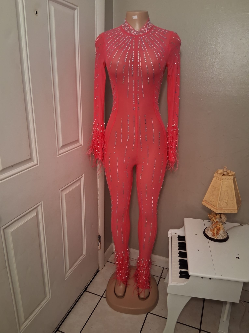 Red Sequined Feather Trim Jumpsuit
